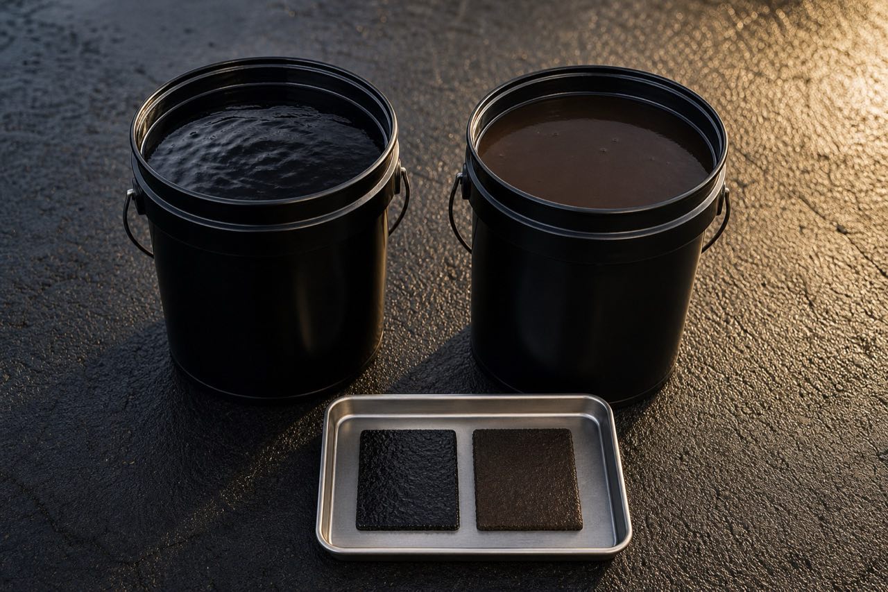 Two unbranded dark sealer pails and neutral material samples on asphalt