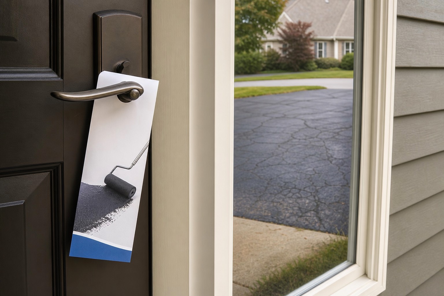 Generic unbranded sealcoating flyer hanging from a residential door handle