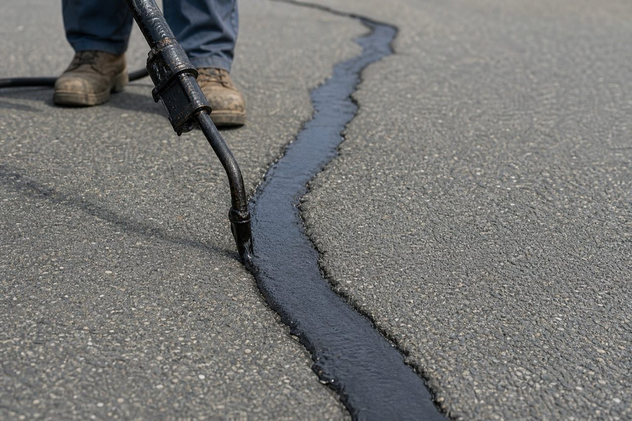 Hot-pour rubberized sealant band applied to a clean asphalt crack