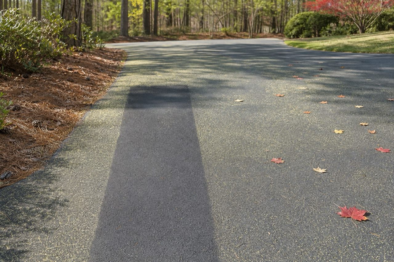 Pine pollen, a clean swept strip, and fall leaves on Piedmont asphalt