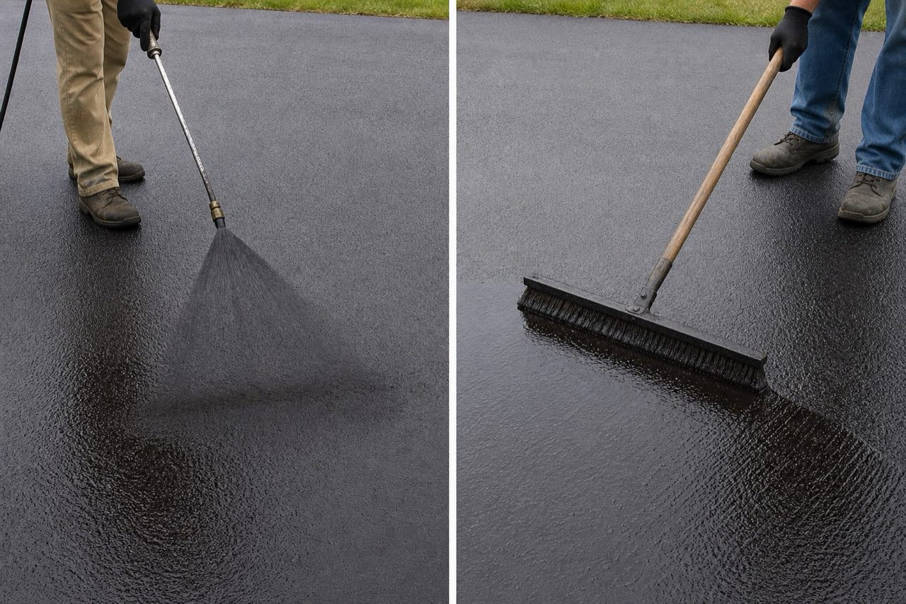 Illustrative side-by-side spray and squeegee asphalt sealer application
